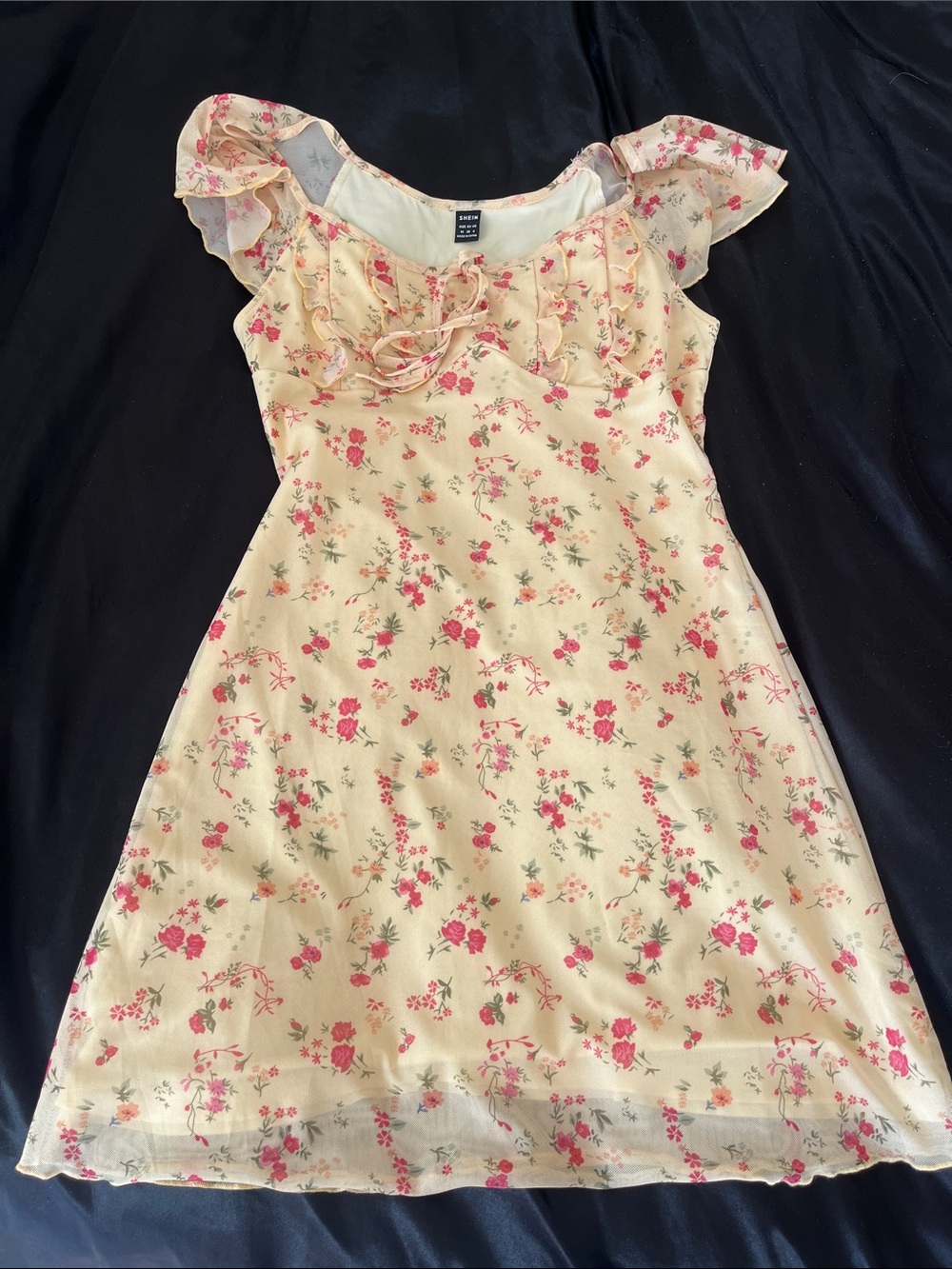SHEIN Yellow Mini Dress with Pink Floral Ruffles
